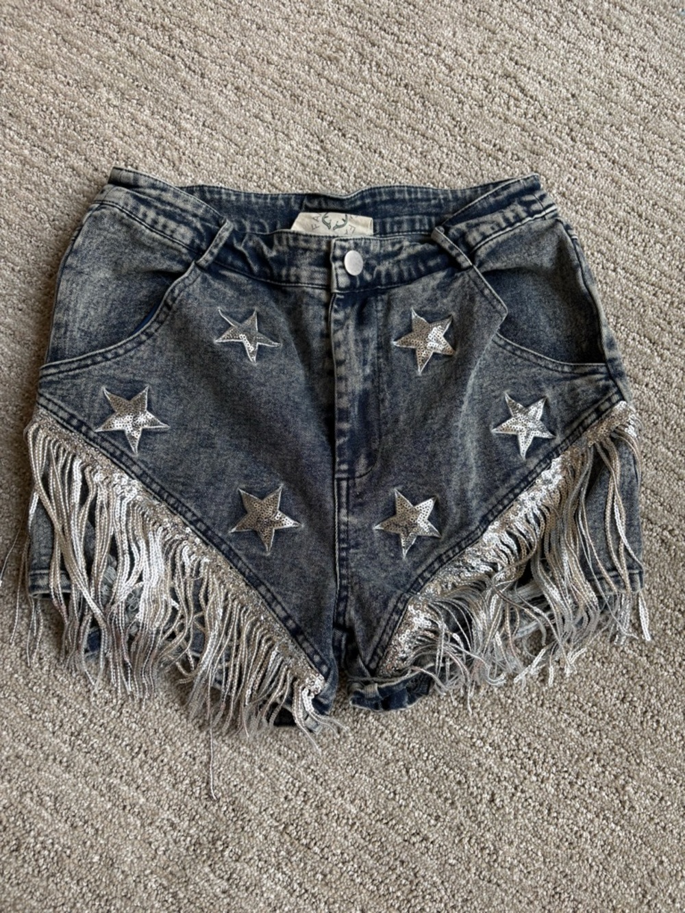 Fantastic Fawn BLUE Acid-Wash Denim Shorts with Silver Stars & Fringe